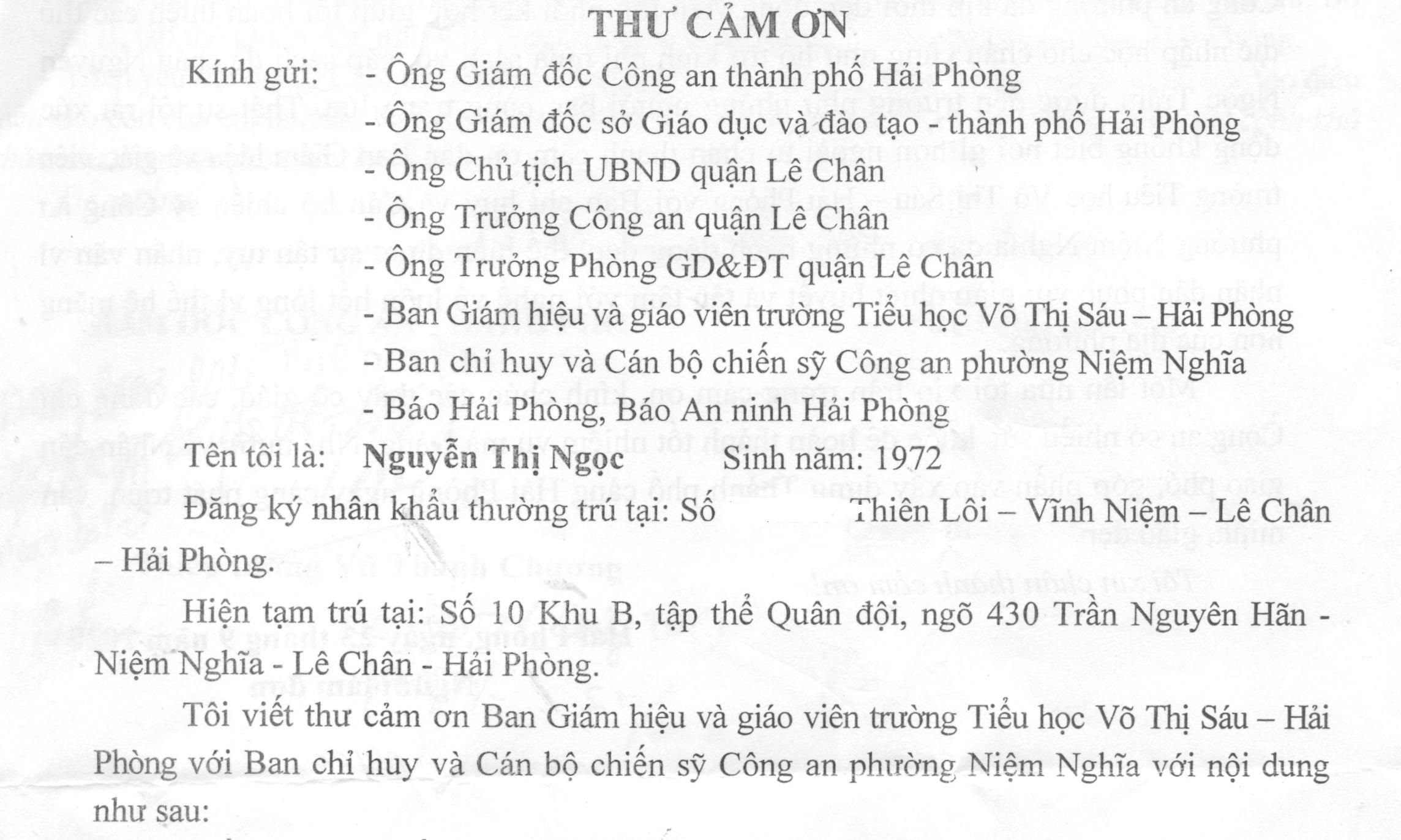Chị  Nguyễn Thị Ngọc ở quận Lê Chân gửi thư cảm ơn về việc Công an phường Niệm Nghĩa và các đơn vị hỗ trợ hoàn cảnh khó khăn